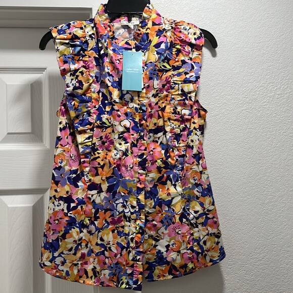 Tyler Boe Julia Woven Mandarin Collar Sleeveless Scallop Ruffle Blouse SIZE S - Picture 4 of 5